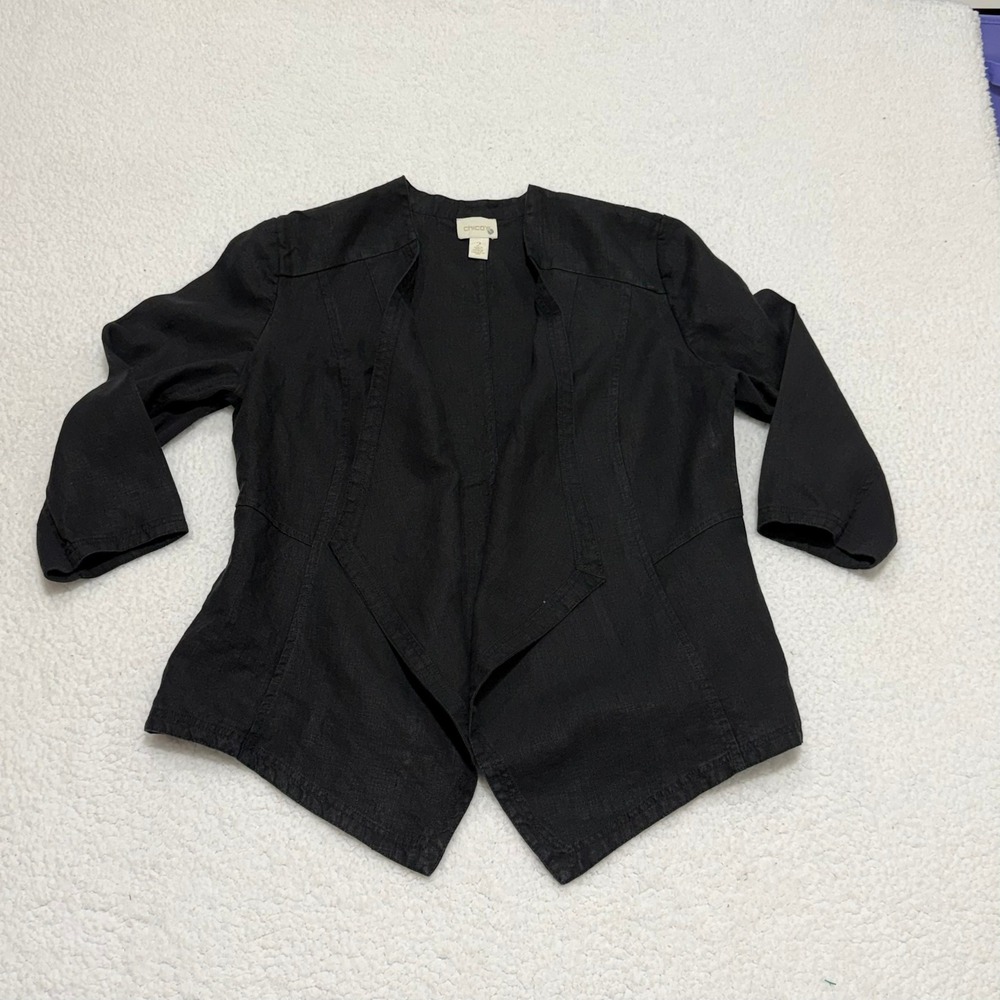 Chicos Black 100% Linen Open Front Drape Jacket 2 570232659